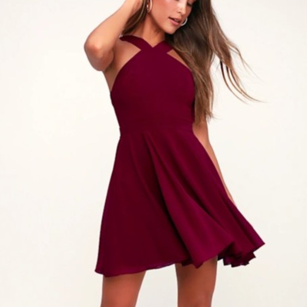 NWOT LuLus Forevermore Burgundy Skater Dress - XS Extra Small
